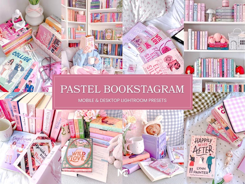 Pastel Bookstagram Lightroom Presets for pink book aesthetics, romance books, cozy reading photos, soft pastel editing and BookTok content creators.