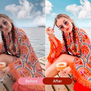 Before and after summer lifestyle photo edited with vibrant Lightroom presets, enhancing warm tones, bold oranges, and a bright beach Instagram look.