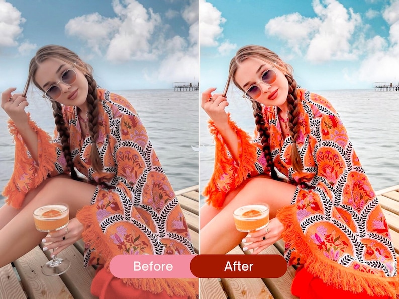 Before and after summer lifestyle photo edited with vibrant Lightroom presets, enhancing warm tones, bold oranges, and a bright beach Instagram look.