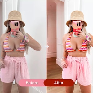 Before and after mirror selfie edited with vibrant Lightroom presets, showing enhanced pink tones, bright colors, and a modern Instagram aesthetic.