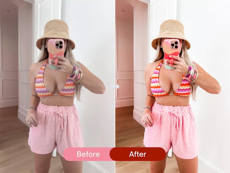 Before and after mirror selfie edited with vibrant Lightroom presets, showing enhanced pink tones, bright colors, and a modern Instagram aesthetic.