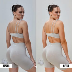 Lifestyle indoor photo before and after Lightroom preset improving brightness, skin tone warmth and Instagram ready aesthetic