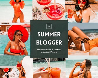 May include: A collection of Lightroom presets for bloggers, featuring a summer theme. The presets are designed to enhance photos with warm tones, vibrant colors, and a bright, airy feel. The presets are available for both mobile and desktop devices.