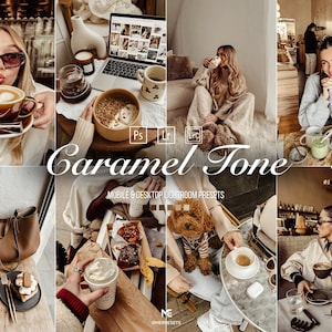 Caramel Tone Lightroom Presets for coffee photography, lifestyle influencers, warm beige aesthetic, cozy café edits and Bookstagram Lightroom filters.