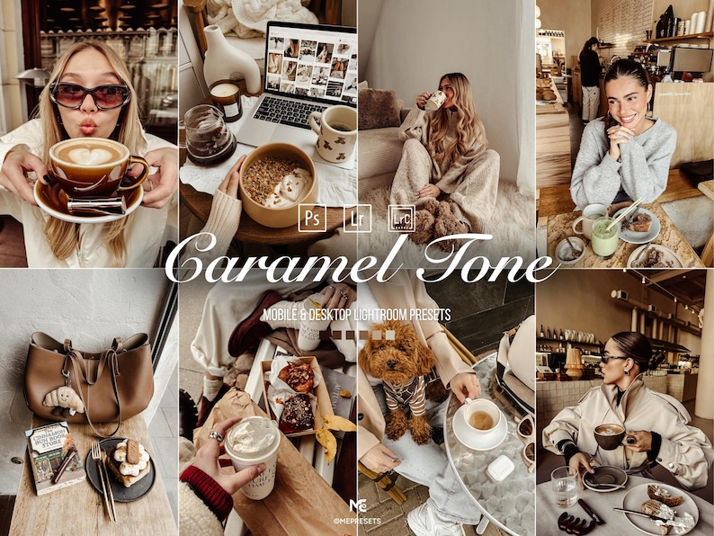 Caramel Tone Lightroom Presets for coffee photography, lifestyle influencers, warm beige aesthetic, cozy café edits and Bookstagram Lightroom filters.