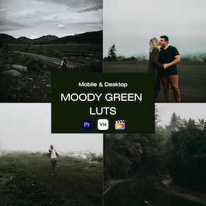 Puede incluir: Un conjunto de ajustes preestablecidos de gradación de color verde oscuro para software de edición de video. Los ajustes preestablecidos son compatibles con Premiere Pro, Final Cut Pro y DaVinci Resolve. La imagen muestra cuatro ejemplos diferentes de cómo se pueden usar los ajustes preestablecidos para crear una apariencia verde oscura.