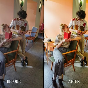 Before and after Lightroom preset comparison of a couple in a cozy cafe with enhanced warm tones, soft shadows, and vintage film color grading