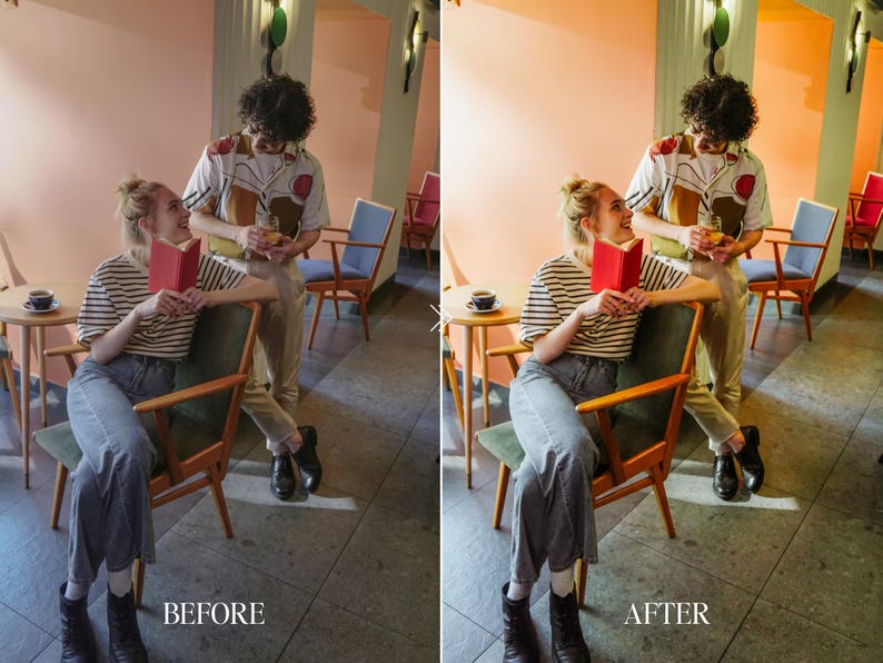 Before and after Lightroom preset comparison of a couple in a cozy cafe with enhanced warm tones, soft shadows, and vintage film color grading
