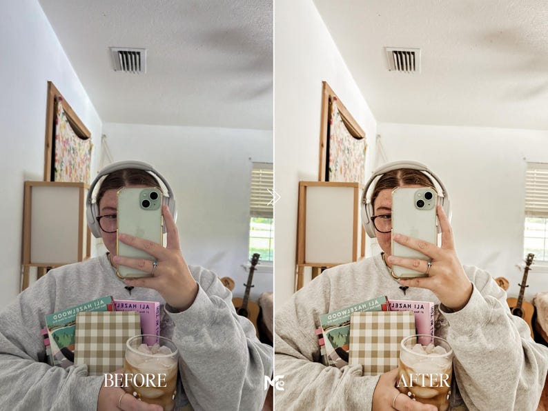Before and after Lightroom Presets for Bookstagram creators featuring warm neutral tones, cozy lifestyle photography and aesthetic coffee reading edits.