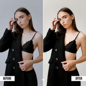 Indoor fashion photography before and after Lightroom preset creating brighter whites, smooth skin and polished studio lighting effect