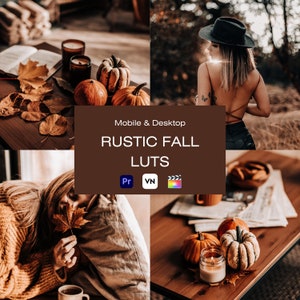 May include: A set of rustic fall-themed LUTs for mobile and desktop editing. The LUTs are compatible with Premiere Pro, Final Cut Pro, and Filmora. The image shows a collage of fall-themed photos, including pumpkins, leaves, and a woman wearing a hat.
