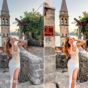 Before and after mobile Lightroom preset featuring European vacation portrait with warm highlights, natural skin tones and dreamy summer colors