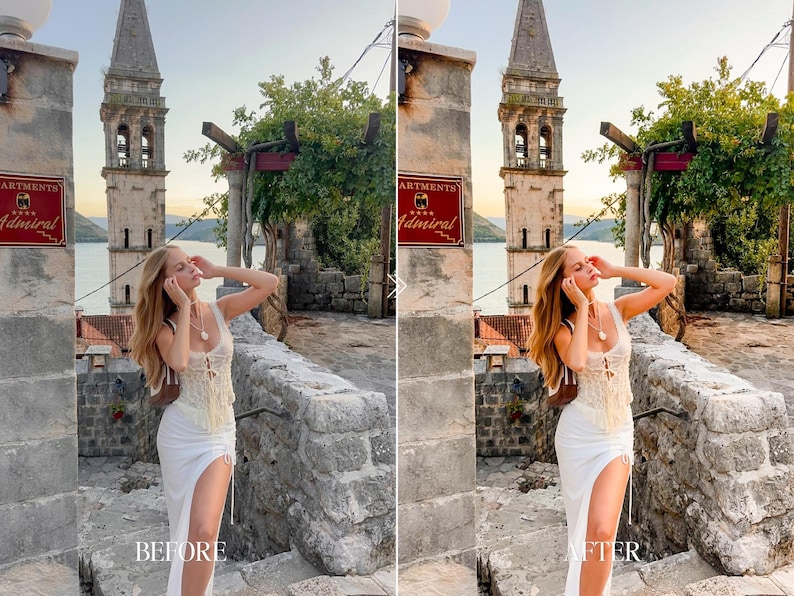 Before and after mobile Lightroom preset featuring European vacation portrait with warm highlights, natural skin tones and dreamy summer colors
