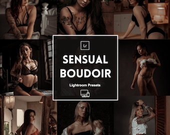 May include: A collage of images featuring women in lingerie. The central image displays the text "SENSUAL BOUDOIR" and "Lightroom Presets". The images showcase various poses and styles, with a focus on intimate and artistic photography.