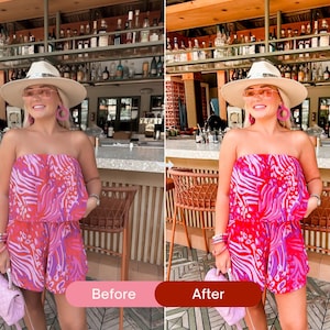 Before and after fashion photo edited with bright Lightroom presets, showing vibrant pink tones, boosted saturation, and a bold Instagram aesthetic.