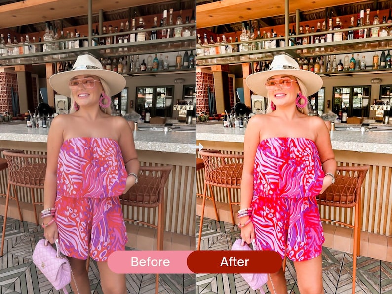 Before and after fashion photo edited with bright Lightroom presets, showing vibrant pink tones, boosted saturation, and a bold Instagram aesthetic.