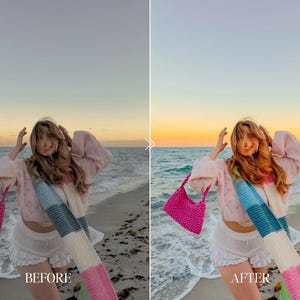 Beach sunset before and after with colorful summer Lightroom presets and vibrant ocean aesthetic photography
