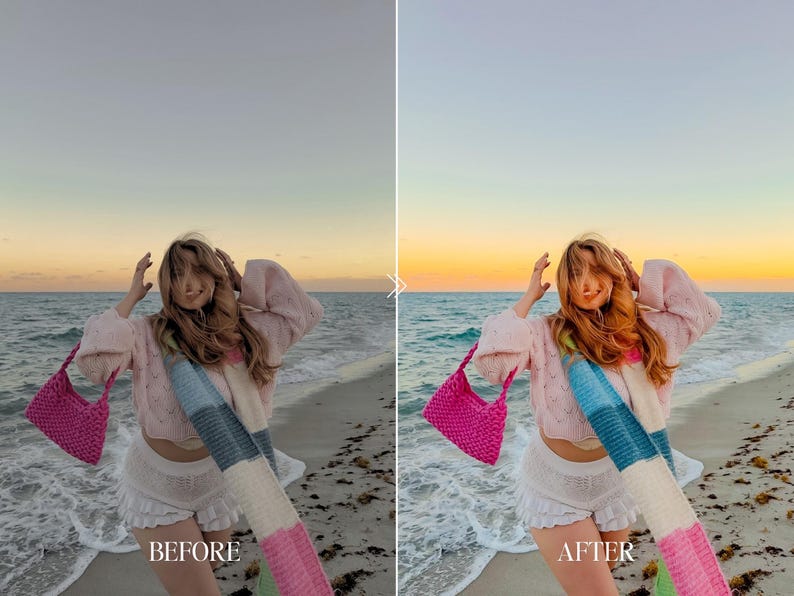 Beach sunset before and after with colorful summer Lightroom presets and vibrant ocean aesthetic photography