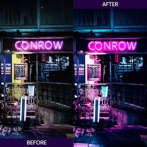 K&ouml;nnte beinhalten: Rosa Neon-Schild "CONROW" &uuml;ber einem Pub-Eingang. Das Bild zeigt einen Vorher-Nachher-Effekt, wobei die "Nachher"-Version eine verbesserte rosa und blaue Beleuchtung aufweist. Der Pub hat eine Men&uuml;tafel und dekorative Metallarbeiten.