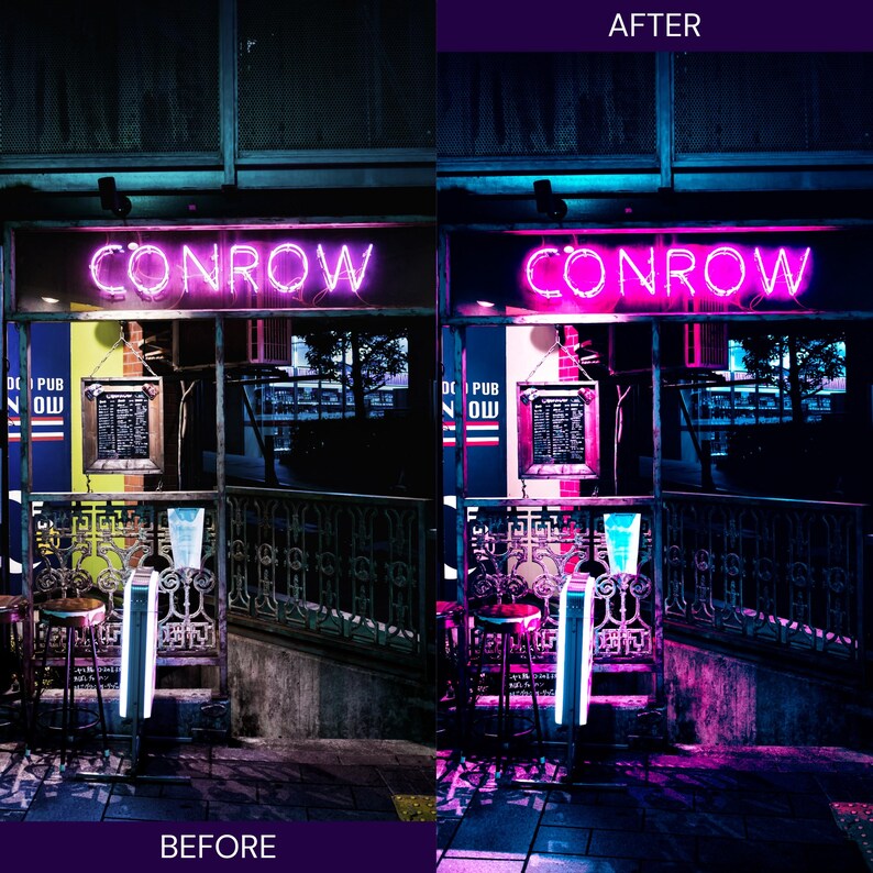 K&ouml;nnte beinhalten: Rosa Neon-Schild "CONROW" &uuml;ber einem Pub-Eingang. Das Bild zeigt einen Vorher-Nachher-Effekt, wobei die "Nachher"-Version eine verbesserte rosa und blaue Beleuchtung aufweist. Der Pub hat eine Men&uuml;tafel und dekorative Metallarbeiten.