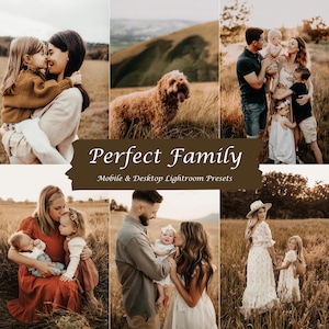 以下が含まれることがあります： 「パーフェクトファミリー」というタイトルの、モバイルとデスクトップ用のLightroomプリセットのコレクションです。このプリセットは、暖色系で自然なカラーパレットで、家族の写真をより美しく仕上げるように設計されています。画像には、犬と一緒の家族、フィールドにいる家族、森にいる家族など、さまざまな家族が写っています。
