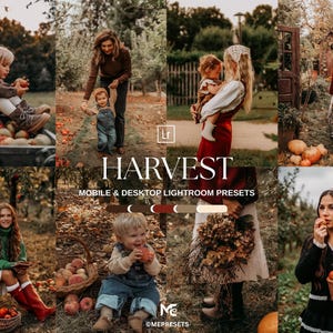 May include: A collection of six photographs featuring people in autumn settings with apples, pumpkins, and dried foliage. The text HARVEST MOBILE & DESKTOP LIGHTROOM PRESETS is centred in the middle, with a colour palette bar below it.
