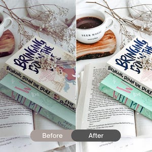Before and after Bookstagram Lightroom Presets comparison showing brighter book photography with clean whites, warm tones and aesthetic mobile & desktop Lightroom editing.