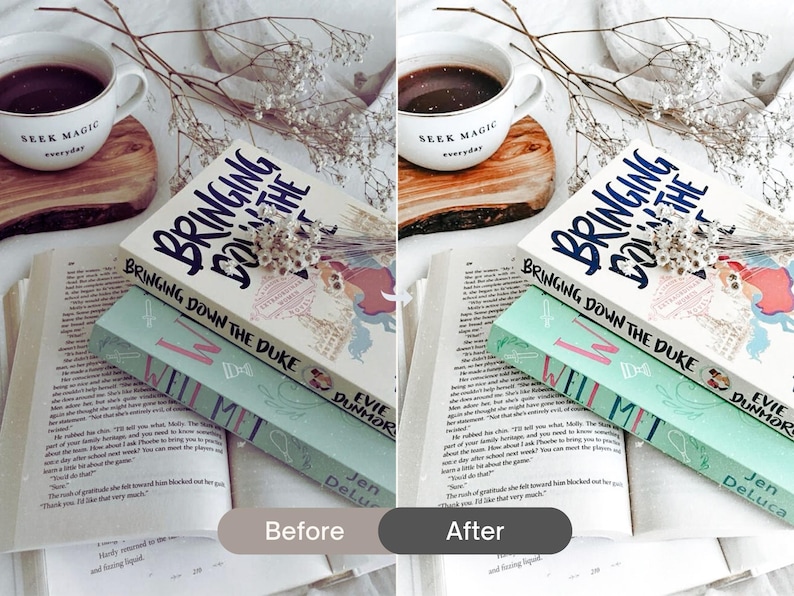 Before and after Bookstagram Lightroom Presets comparison showing brighter book photography with clean whites, warm tones and aesthetic mobile & desktop Lightroom editing.