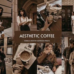 以下が含まれることがあります： 「Aesthetic Coffee」と呼ばれるモバイルとデスクトップ用のLightroomプリセットのセット。プリセットは、写真に暖かく、ヴィンテージでムードのある美学を与えるように設計されています。画像は、さまざまな設定で、すべてプリセットで編集された人々やオブジェクトのいくつかの写真を見せています。