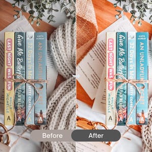 Before and after Cozy Bookstagram Lightroom Presets transforming book flat lay photography with warm caramel colors, soft contrast and cozy reading aesthetic.