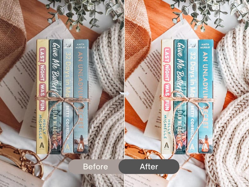 Before and after Cozy Bookstagram Lightroom Presets transforming book flat lay photography with warm caramel colors, soft contrast and cozy reading aesthetic.