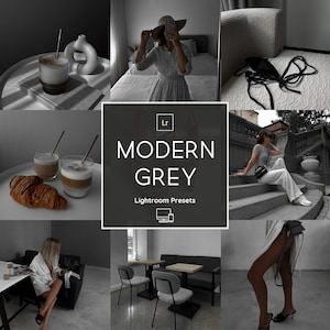 Peut inclure: Un collage d'images présentant une collection de préréglages Lightroom appelée "Modern Grey". Les images présentent une variété de scènes dans un schéma de couleurs monochrome, notamment une femme en robe blanche, une tasse de café, une chaise et une scène de rue.