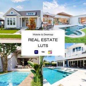 Op de afbeelding: Een collage van luxe huizen met zwembaden en buitenruimtes. De afbeelding bevat de tekst "Mobile & Desktop REAL ESTATE LUTS" met de logo's voor Pr, VN en een filmstrookpictogram.