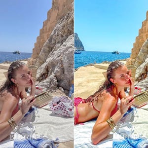Before and after European travel preset featuring beach portrait with glowing skin tones, brighter ocean colors and soft summer atmosphere