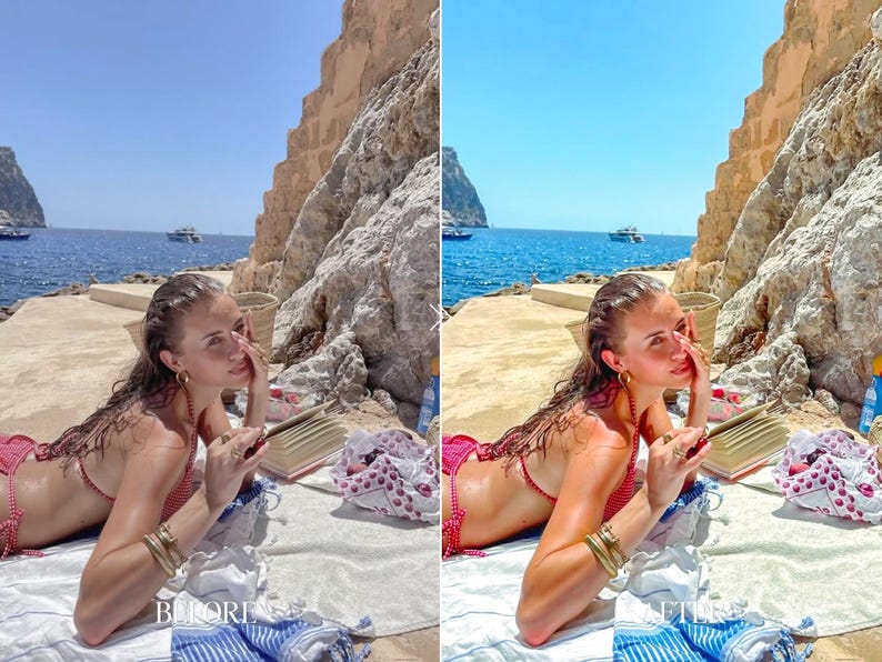 Before and after European travel preset featuring beach portrait with glowing skin tones, brighter ocean colors and soft summer atmosphere