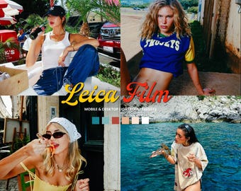 May include: A collage of four images featuring women in various settings. One woman wears a white tank top and blue pants, another a blue and yellow shirt, and a third a yellow top. The text "Leica Film" is overlaid.