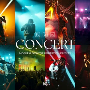 10 種類のコンサート Lightroom プリセット、ナイトコンサートプリセット、ライブミュージックプリセット、ナイトライフプリセット、シネマティックプリセット、シティプリセット、モバイルプリセット