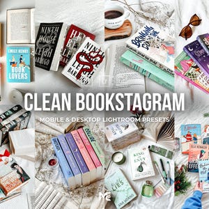Puede incluir: Una colección de libros con cubiertas coloridas, incluyendo títulos como "Seven Year Slip", "Book Lovers" y "Ninth House". La imagen también presenta el texto "CLEAN BOOKSTAGRAM" y "MOBILE & DESKTOP LIGHTROOM PRESETS."