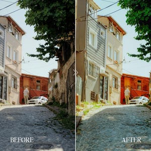 Before and after street photography image with Fuji film preset adding vibrant colors, warm sunlight tones, and vintage travel aesthetic