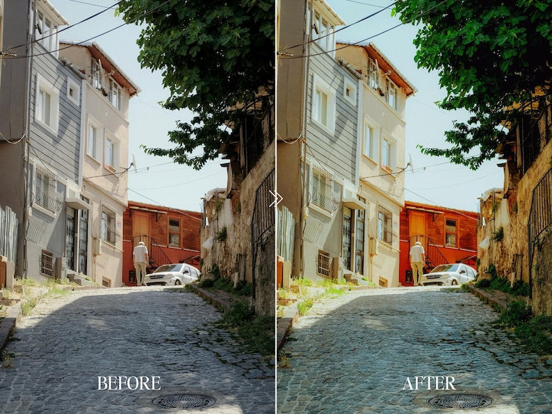 Before and after street photography image with Fuji film preset adding vibrant colors, warm sunlight tones, and vintage travel aesthetic