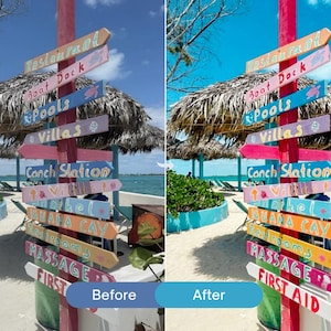 Before and after comparison of beach photography edited with bright colorful Lightroom presets, featuring vibrant blues, tropical colors, and a summer travel aesthetic.