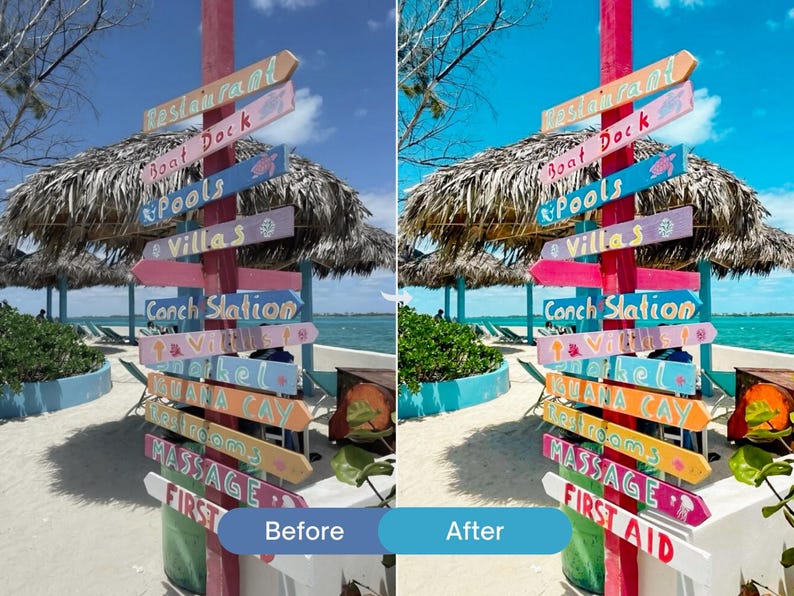 Before and after comparison of beach photography edited with bright colorful Lightroom presets, featuring vibrant blues, tropical colors, and a summer travel aesthetic.
