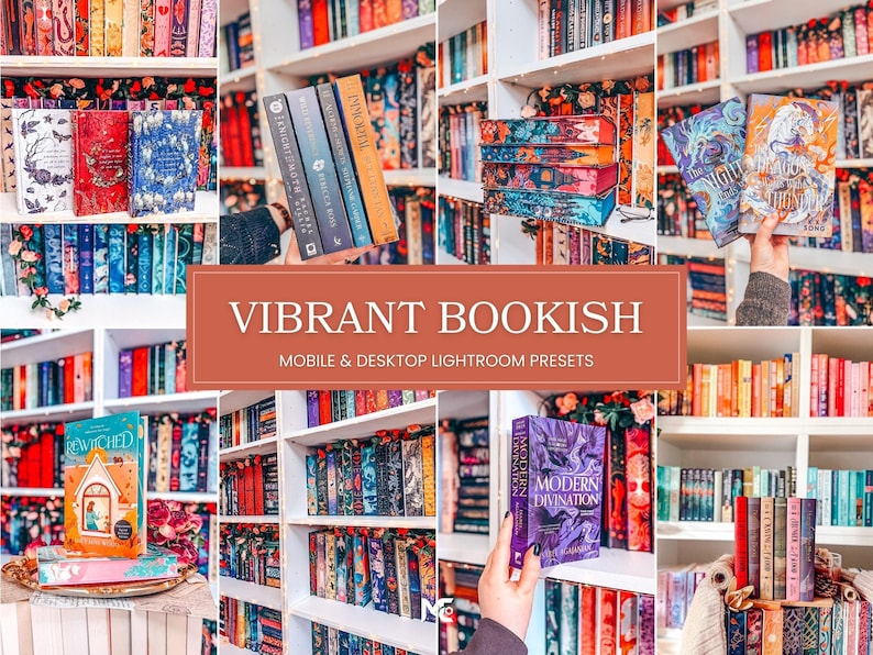 Vibrant Bookish Lightroom Presets for colorful bookshelf photography, fantasy books, bright aesthetic editing and Bookstagram Lightroom filters.