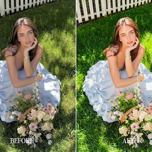 Outdoor portrait before and after with vibrant green grass soft pastel flowers and true to color Lightroom editing