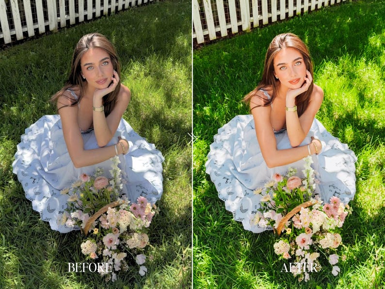 Outdoor portrait before and after with vibrant green grass soft pastel flowers and true to color Lightroom editing
