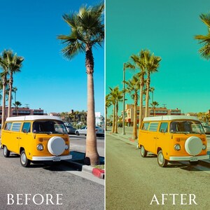 Pu&ograve; includere: Un furgone giallo vintage parcheggiato su una strada soleggiata fiancheggiata da palme. Il furgone ha una copertura per ruota di scorta bianca. Il cielo &egrave; di un blu brillante. I testi "PRIMA" e "DOPO" sono in basso nell'immagine.