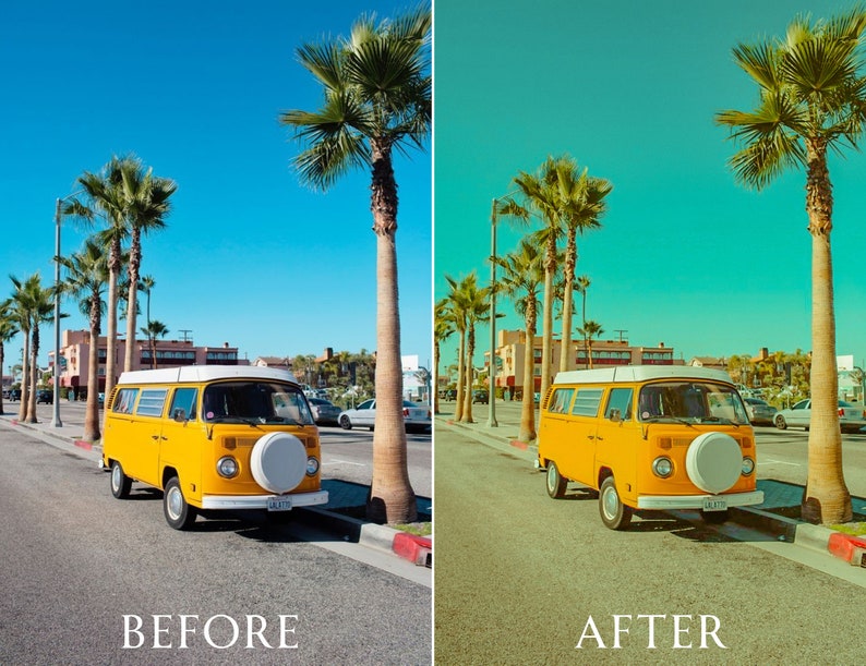 Pu&ograve; includere: Un furgone giallo vintage parcheggiato su una strada soleggiata fiancheggiata da palme. Il furgone ha una copertura per ruota di scorta bianca. Il cielo &egrave; di un blu brillante. I testi "PRIMA" e "DOPO" sono in basso nell'immagine.