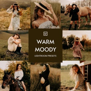 May include: A collection of lifestyle photographs with a warm, atmospheric feel. The images show women in outdoor settings, including fields and with horses. The central image displays the text "WARM MOODY LIGHTROOM PRESETS".