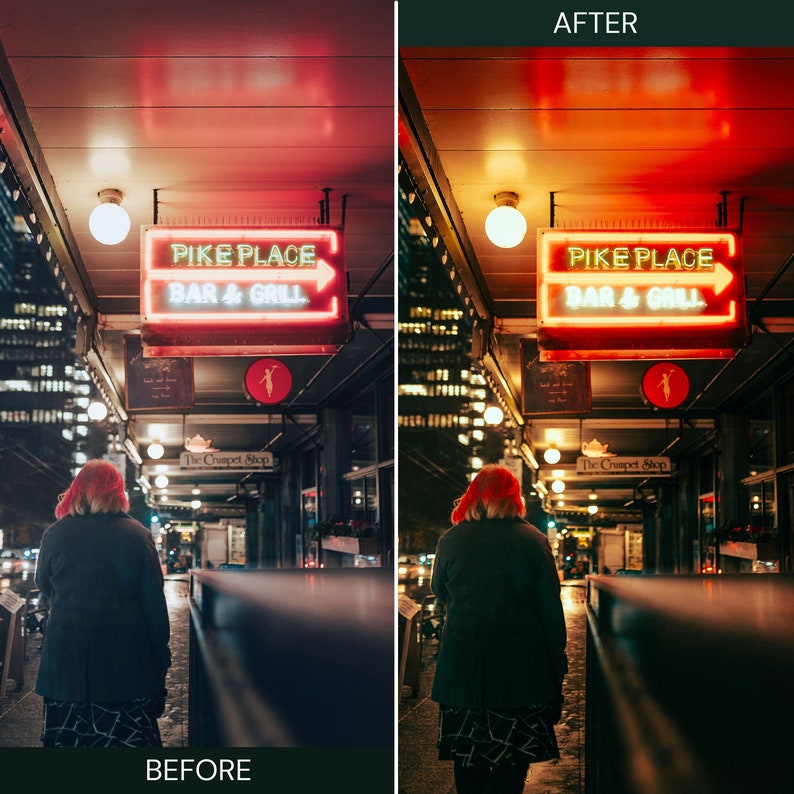May include: A person walks down a city street at night. The street is lit by neon signs, including one that reads "PIKE PLACE BAR & GRILL".