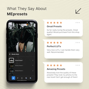 May include: A smartphone screen displaying a photo editing interface with a Moody Green preset menu, alongside three five-star customer reviews for MEpresets. The reviews feature text praising the quality of the presets and LUTs for photo editing.